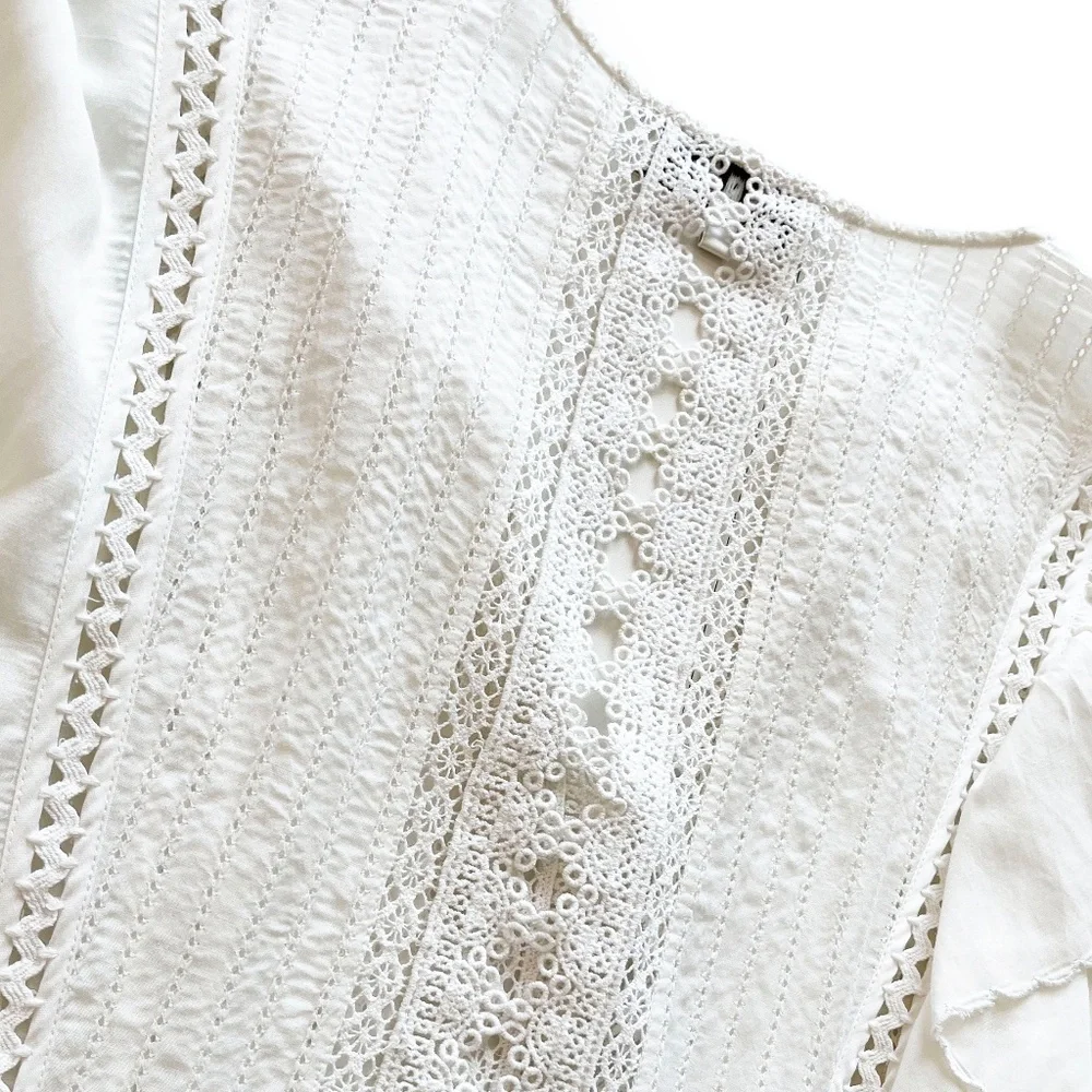 Sea New York Tie Neck Mini Dress White Size 4 Ruffle, Pom-Pom & Tassel Accents - Picture 7 of 14
